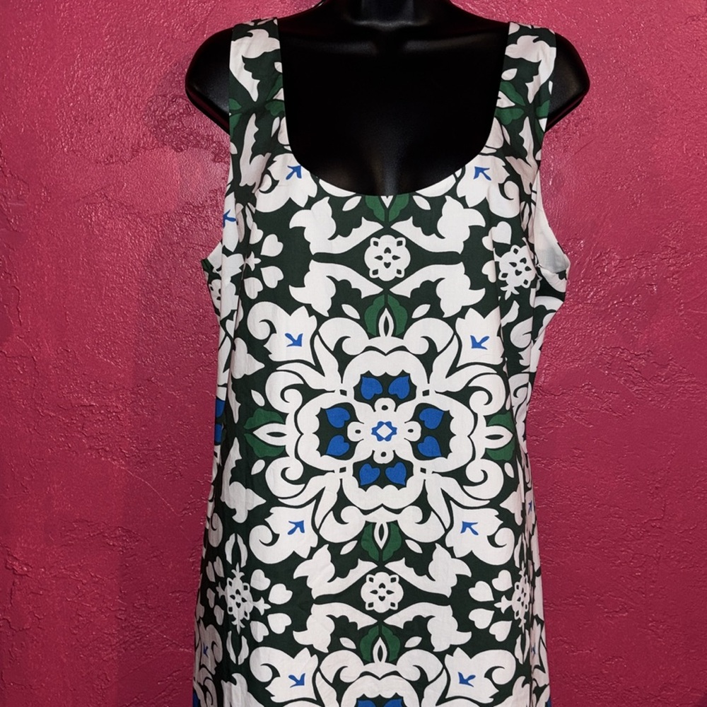 NWT. Boden cotton shift dress. Green, white, blue. Size 16.